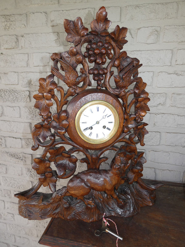 Antique 19th XL black forest wood carved hunting clock fox birds