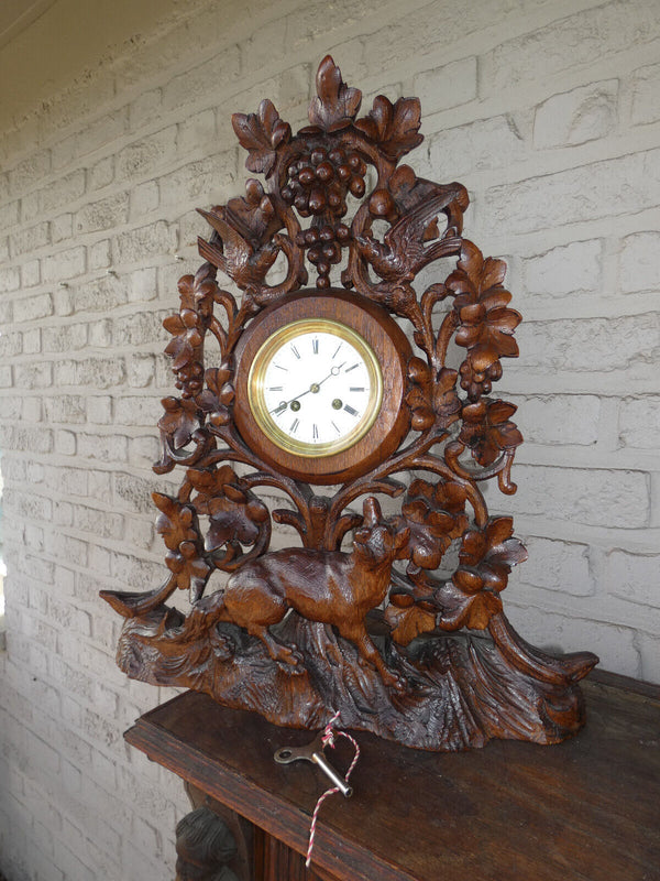 Antique 19th XL black forest wood carved hunting clock fox birds