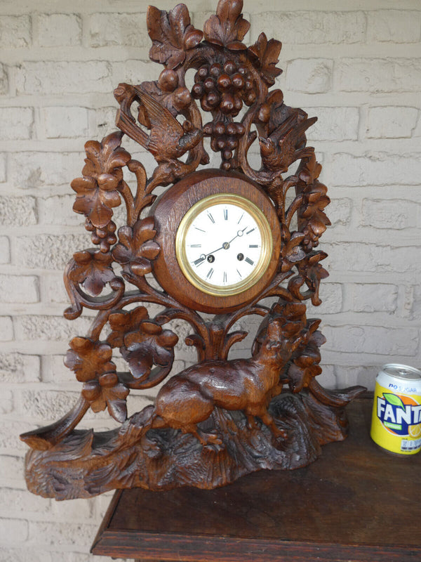 Antique 19th XL black forest wood carved hunting clock fox birds
