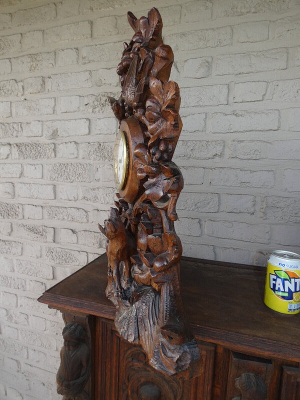 Antique 19th XL black forest wood carved hunting clock fox birds