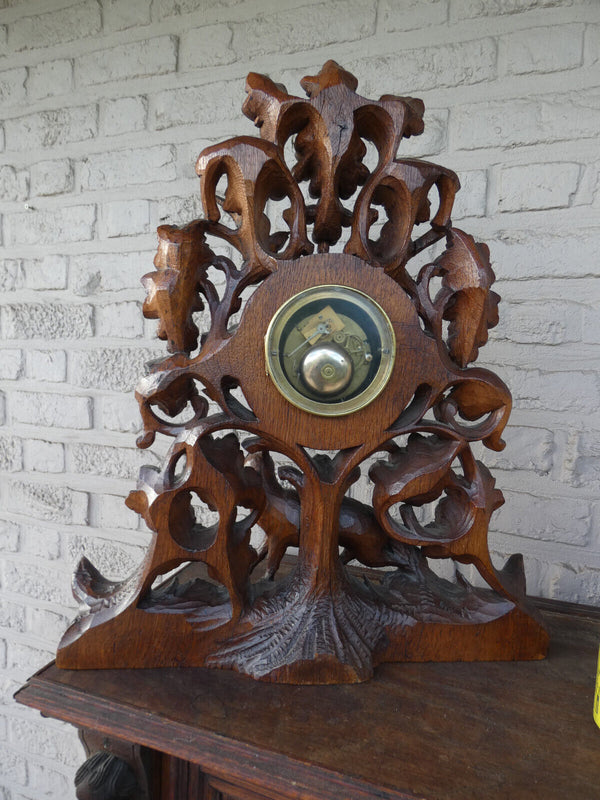 Antique 19th XL black forest wood carved hunting clock fox birds