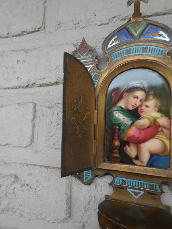 Antique 19thc CLoisonne enamel Holy water font madonna porcelain paint plaque