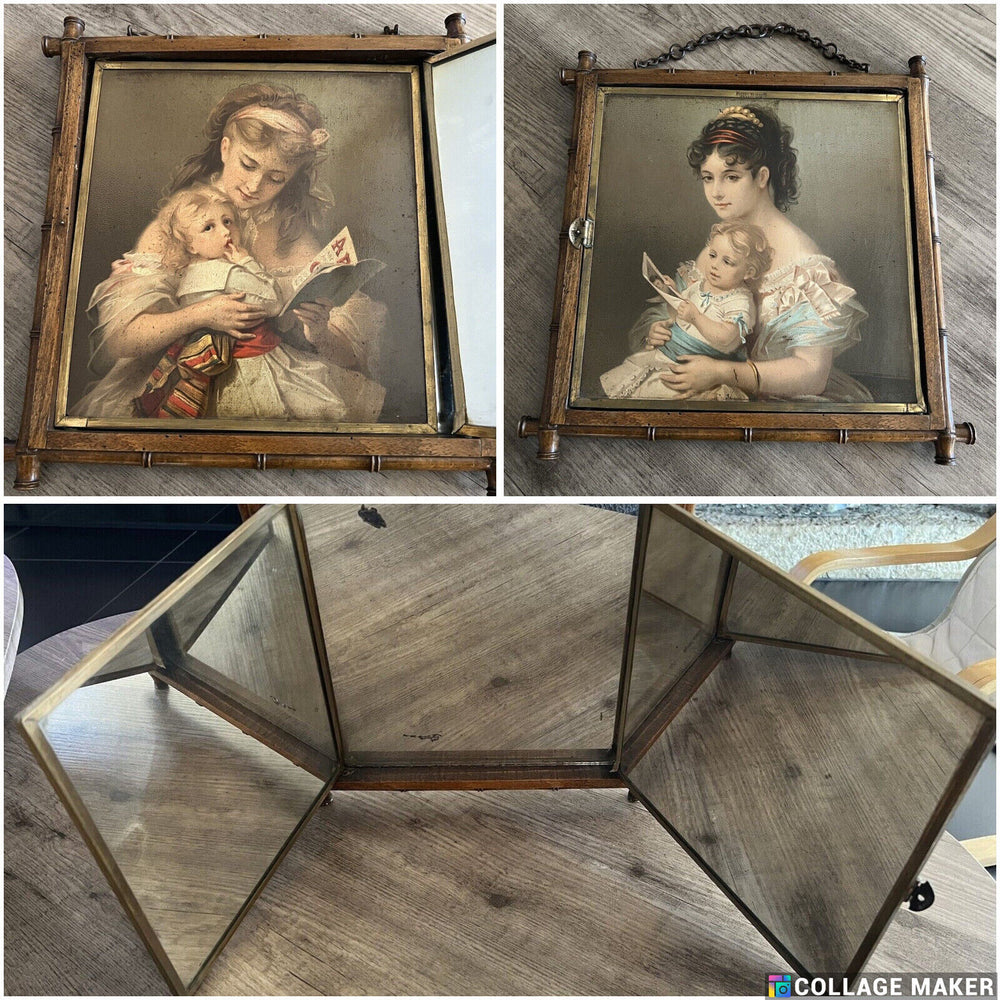Antique 1876 marked Triptych Barber Mirror wall mother child decors gorgeous