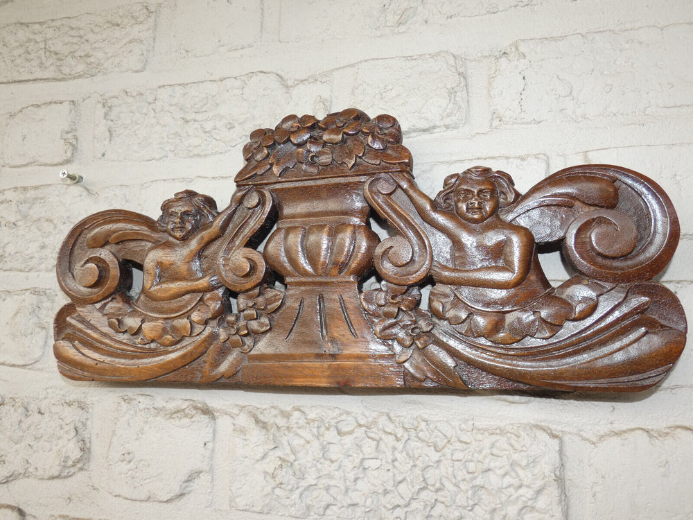 Antique wood carved putti cherub figural wall plaque panel