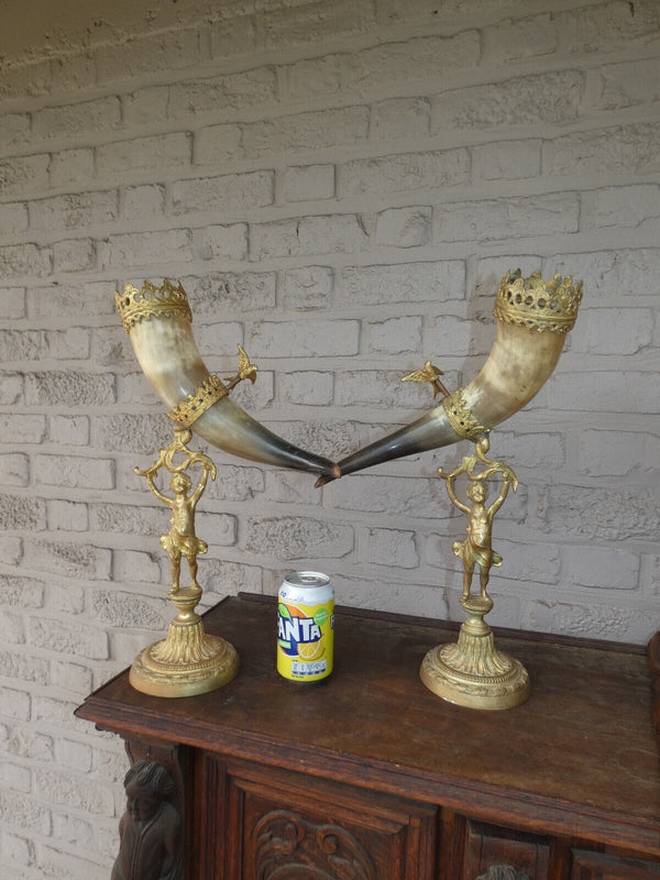 PAir antique bronze putti cornucopia horn bird statues