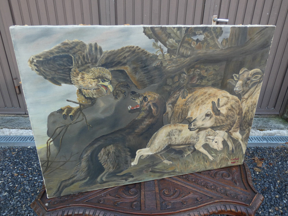 Vintage 70s oil canvas flemish painting hunting decor eagle signed