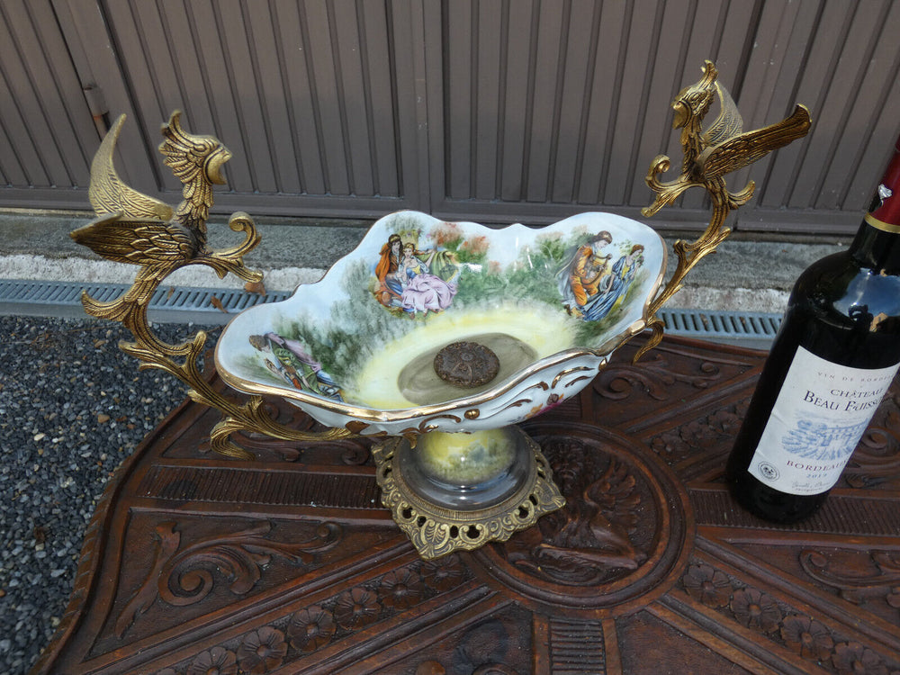 Vintage 70s Spanish porcelain centerpiece bowl dragons victorian scenes rare