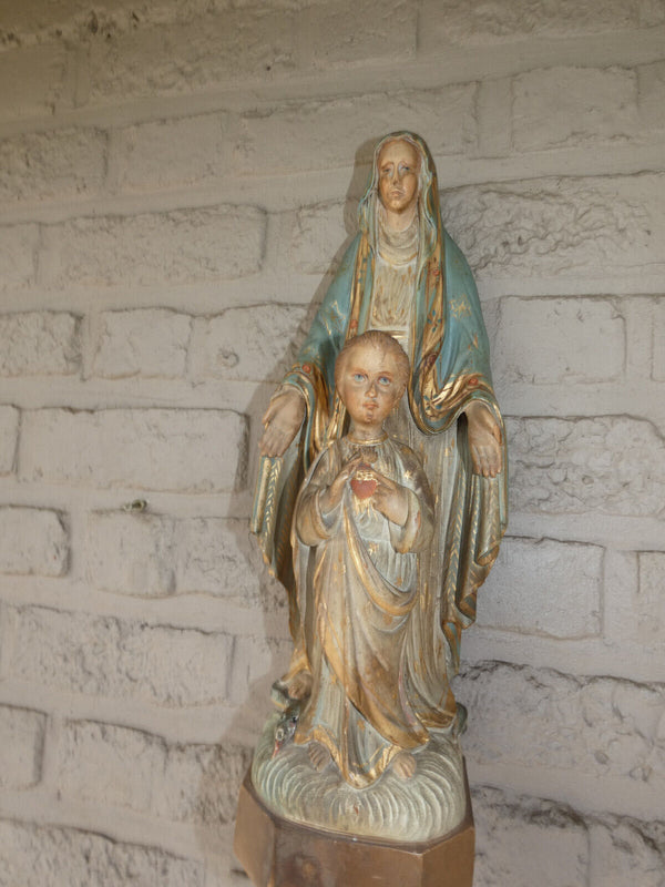 Antique French wood carved polychrome mary Jesus Statue sculpture rare religious