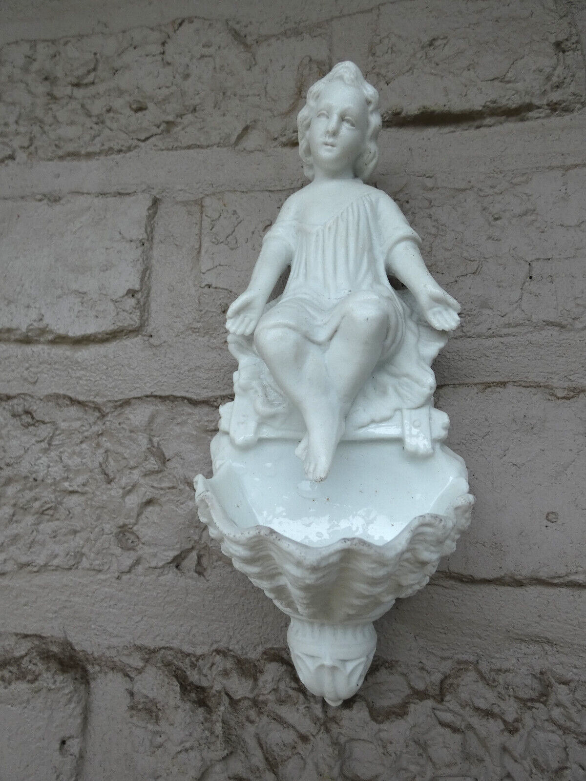 Antique French bisque porcelain letu mauger signed angel holy water font