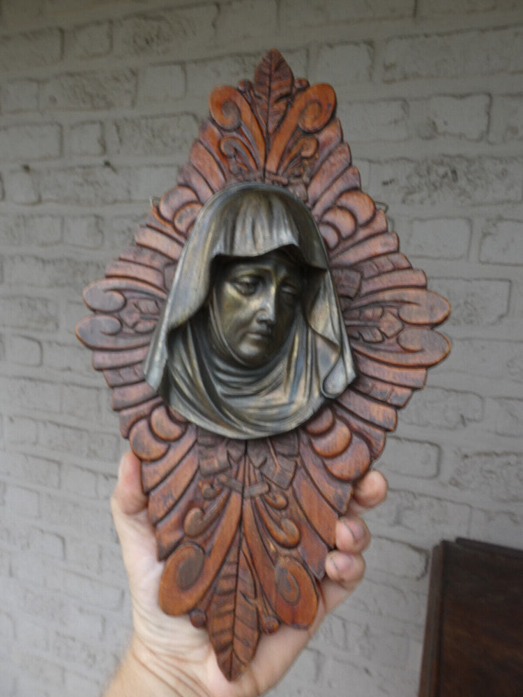 Vintage Wood metal madonna portrait head religious wall plaque