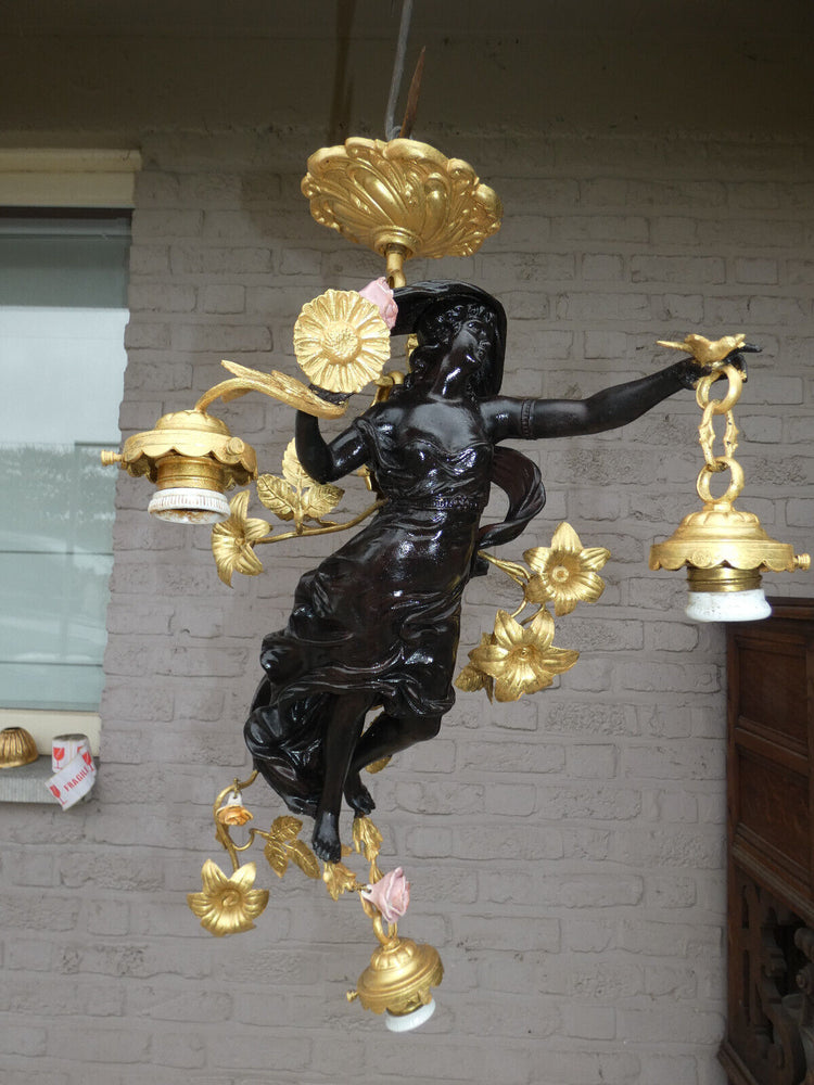 Vintage XL French bronze Nymph lady figural chandelier lamp porcelain flower