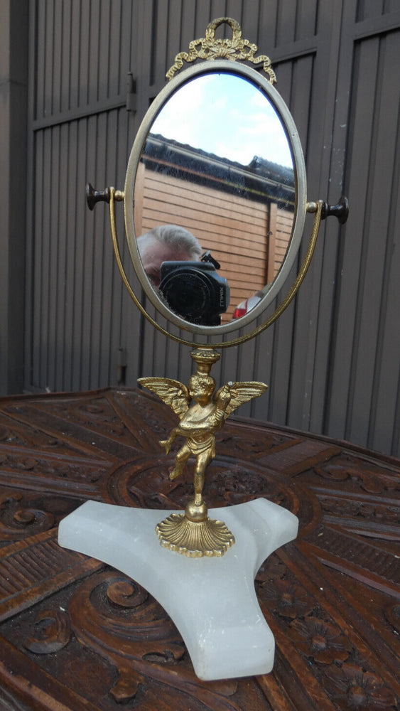 Vintage 70s brass onyx base vanity make up desk mirror putti cherub