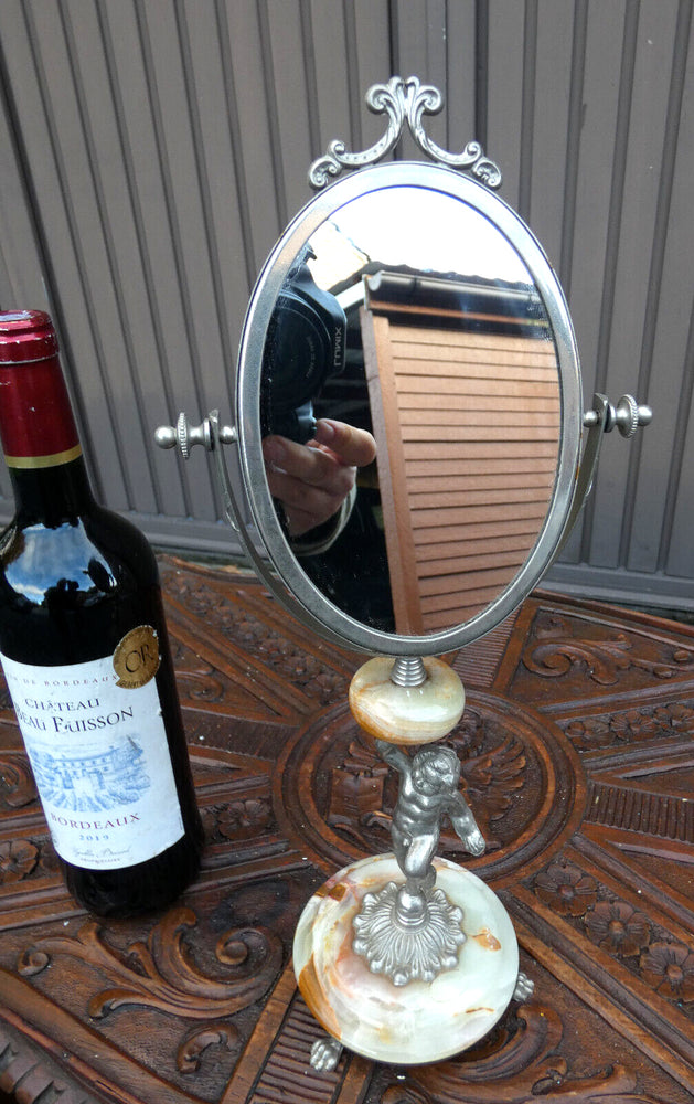 Vintage 70s Vanity make up Mirror Putti cherub onyx marble