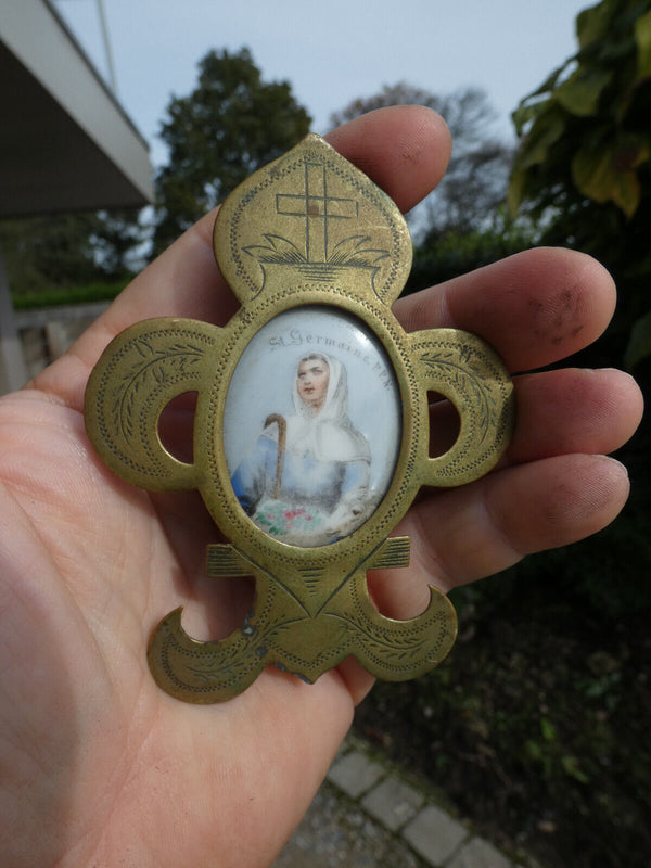 Antique French Brass Standing religious frame Saint Germanine medaillon paint