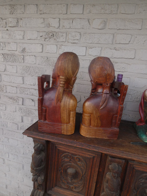 PAIR LARGE wood carved native american Tribal art bookends mid 20thc
