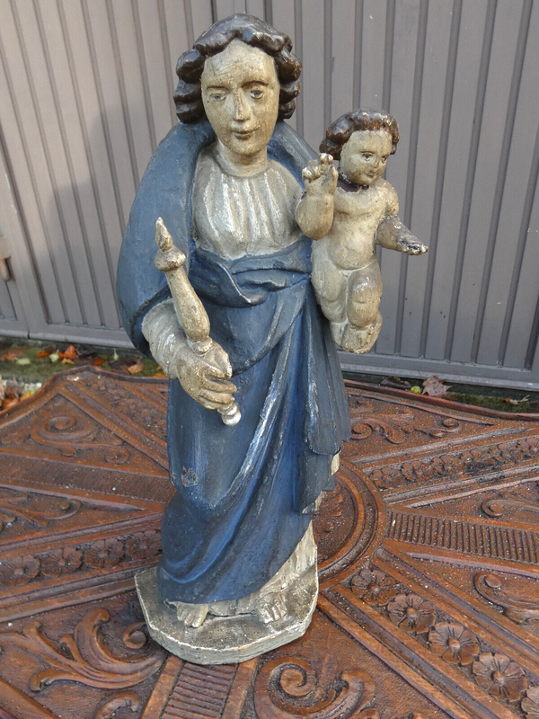 17thc Antique Wood carved polychrome Madonna Child sculpture statue religious