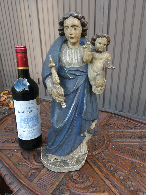 17thc Antique Wood carved polychrome Madonna Child sculpture statue religious