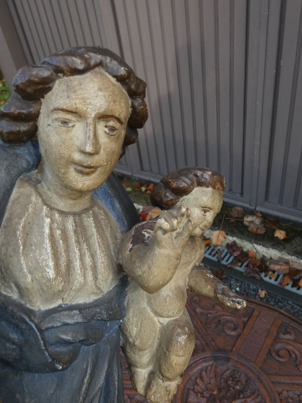 17thc Antique Wood carved polychrome Madonna Child sculpture statue religious