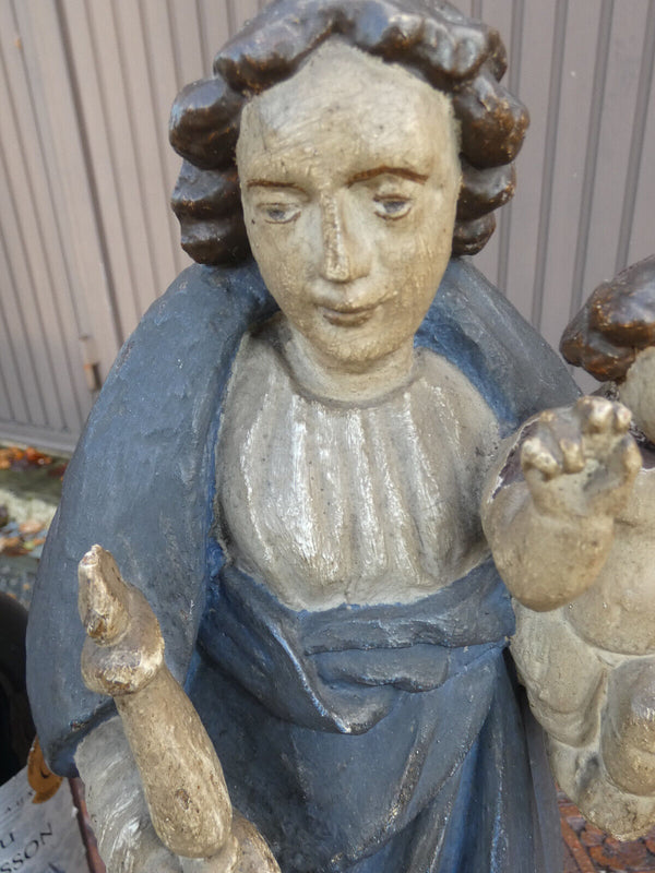 17thc Antique Wood carved polychrome Madonna Child sculpture statue religious
