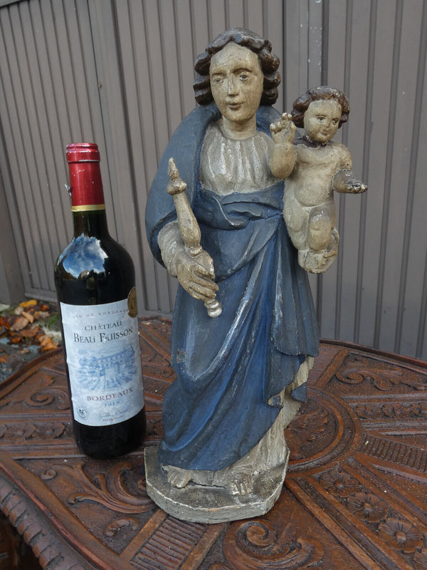 17thc Antique Wood carved polychrome Madonna Child sculpture statue religious