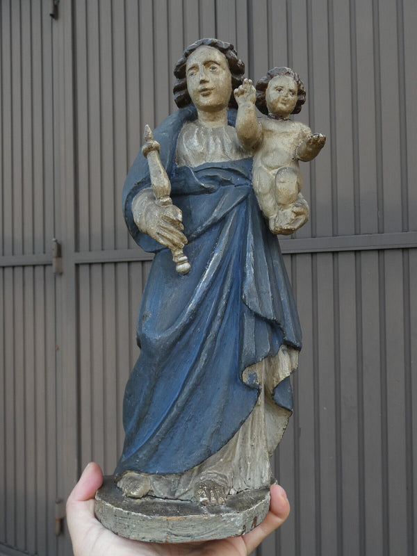 17thc Antique Wood carved polychrome Madonna Child sculpture statue religious