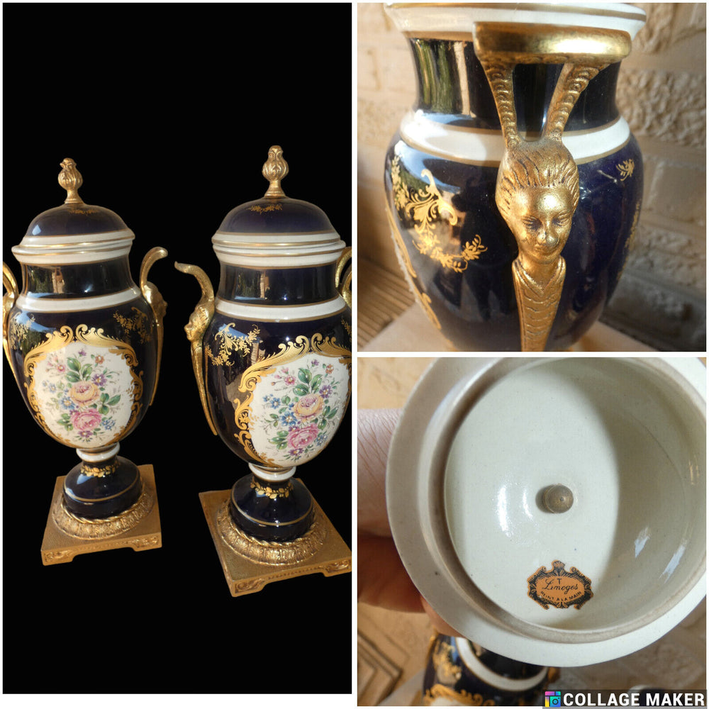 PAIR vintage Limoges porcelain decor Caryatid heads floral vases MArked