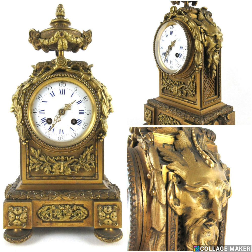 Antique French Bronze Satyr devil ram heads mantel clock 19thc rare