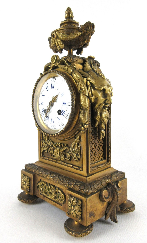Antique French Bronze Satyr devil ram heads mantel clock 19thc rare