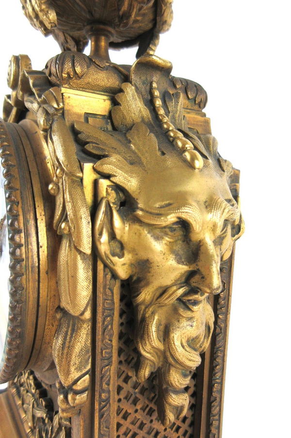 Antique French Bronze Satyr devil ram heads mantel clock 19thc rare