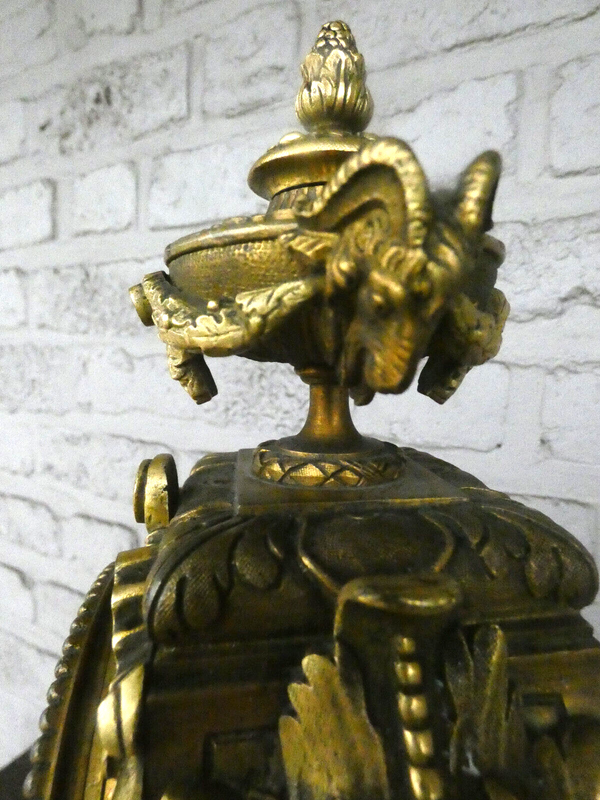 Antique French Bronze Satyr devil ram heads mantel clock 19thc rare