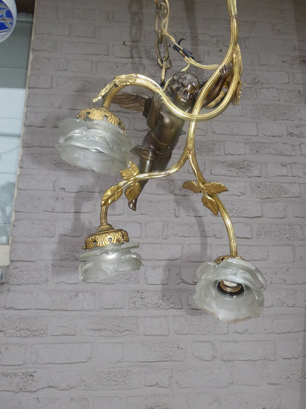 Antique Bronze putti angel pendant lamp chandelier floral decor 3 shades glass