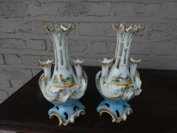 Antique pair vieux paris porcelain vases hand paint rooster peacock rare