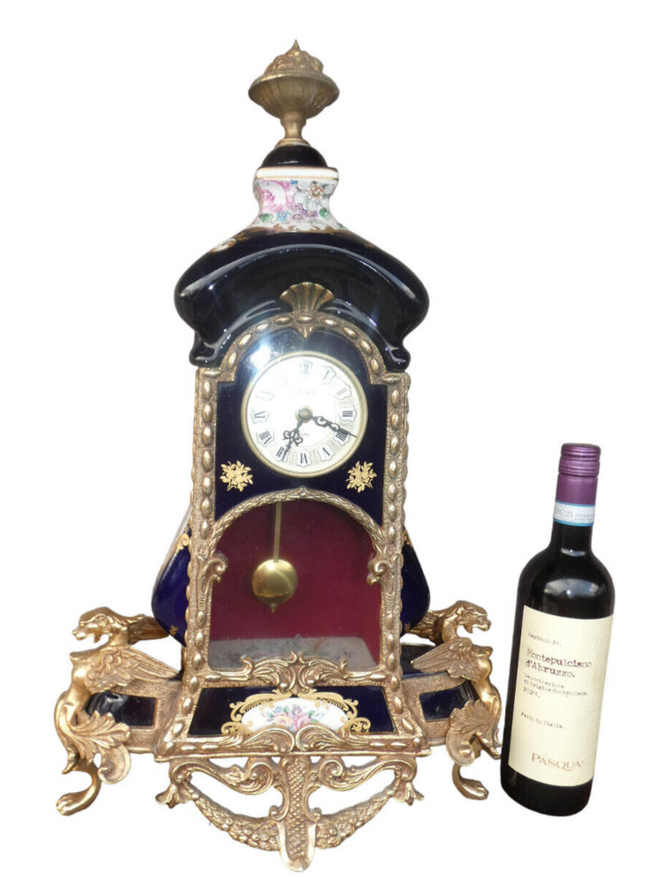 XL vintage cobalt blue limoges decor porcelain bronze dragons mantel clock