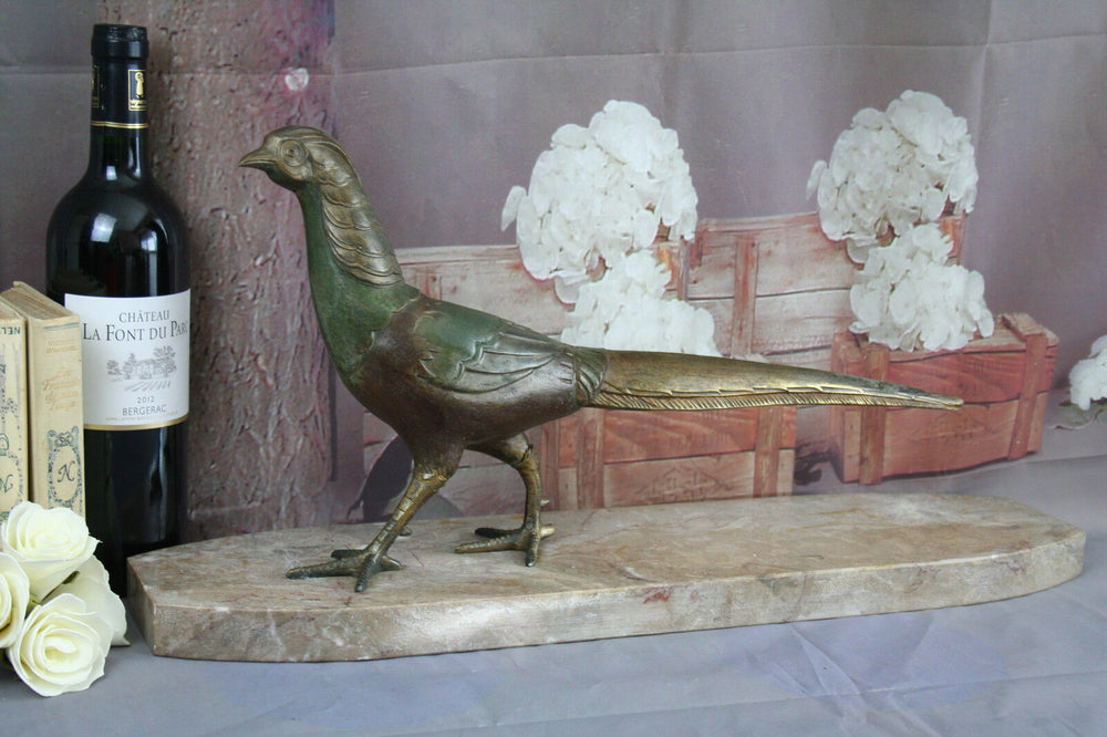 1930's ART DECO Pheasant Spelter Fegule patinated on marble base