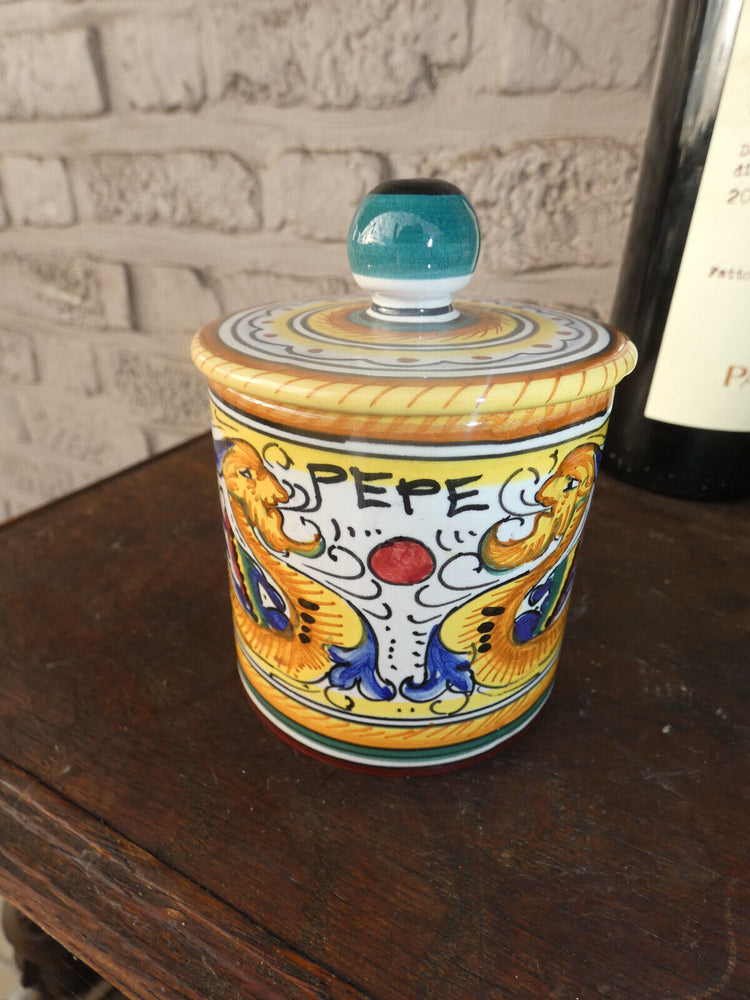 Vintage italian DERUTA pottery hand paint Dragons Floral Pepper jar pot