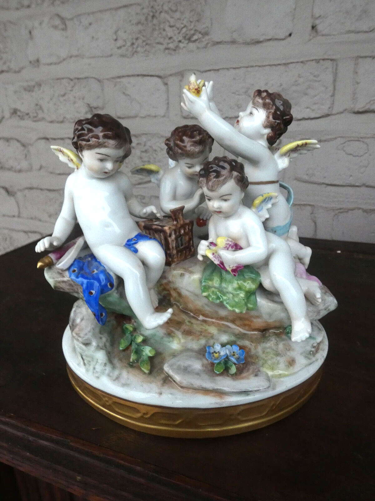 Antique German Volkstedt marked porcelain putti cherub figurine bir group statue