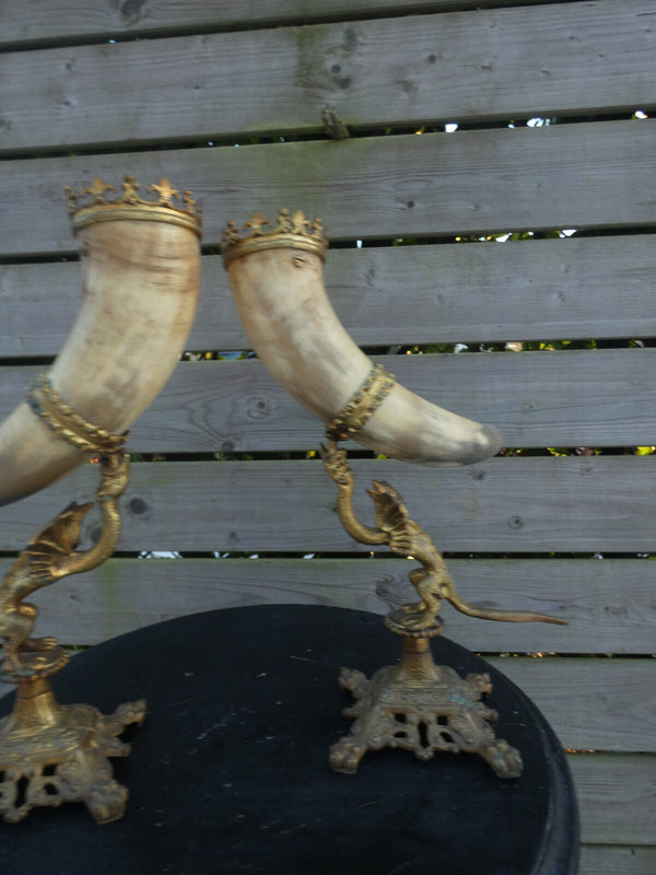 Pair antique cornucopia horn dragon chimaera statue bronze rare