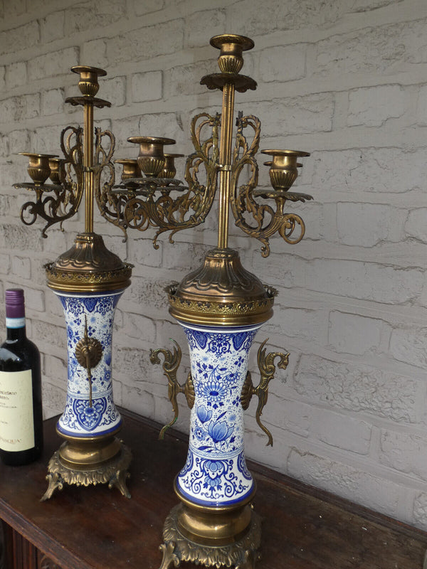 Antique Delft blue white pottery decor pair candelabras dragon handles rare