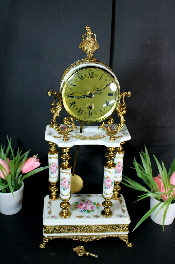 Vintage mantel porcelain Clock floral figurine top 1970