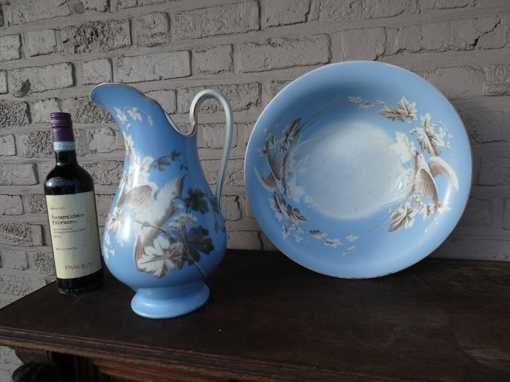 Vintage porcelain wash basin with pitcher cockatoo parrot birds decor rare