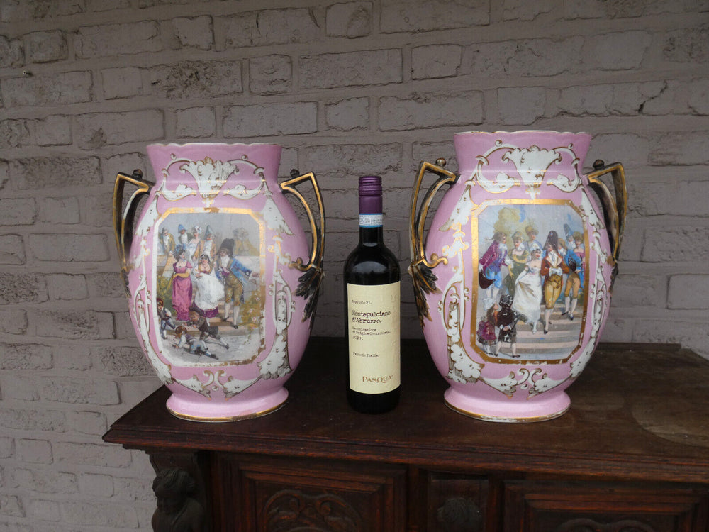 PAIR large  antique french porcelain Faience Vases napoleonic decors