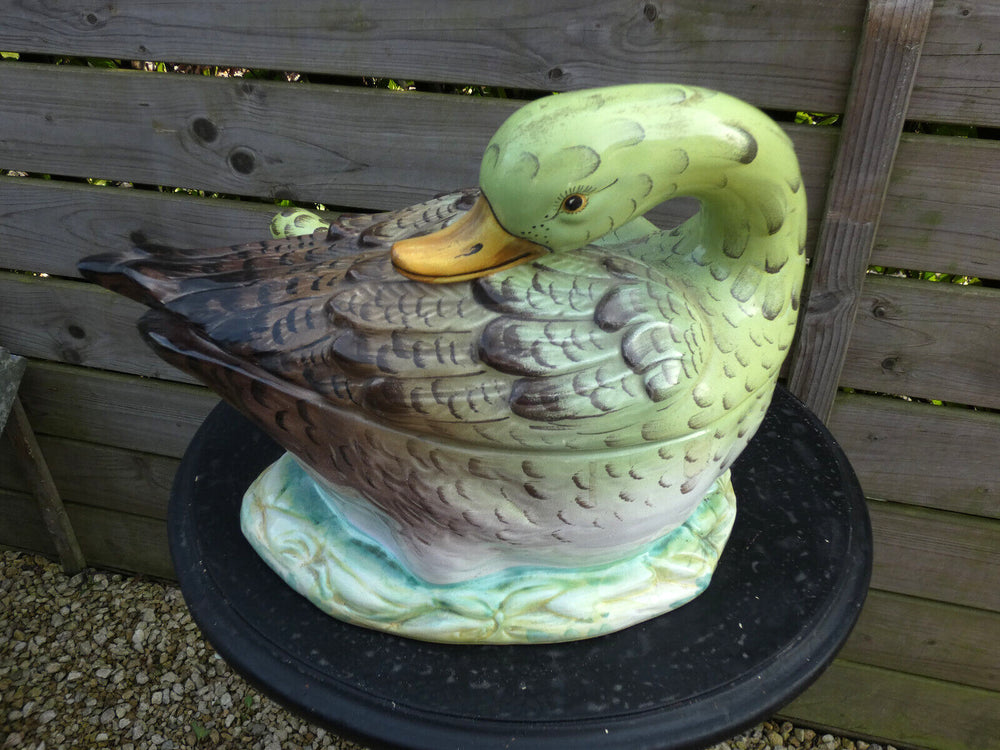 Vintage italian Faience Duck form Soup tureen with spoon rare 1970