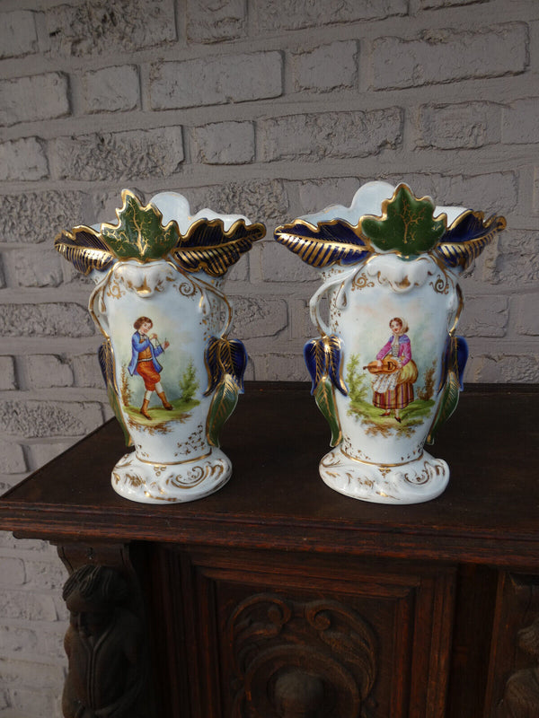 pair antique french vieux paris porcelain vases with potraits 1900s