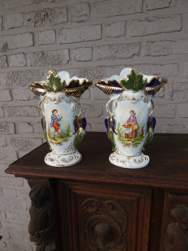 pair antique french vieux paris porcelain vases with potraits 1900s