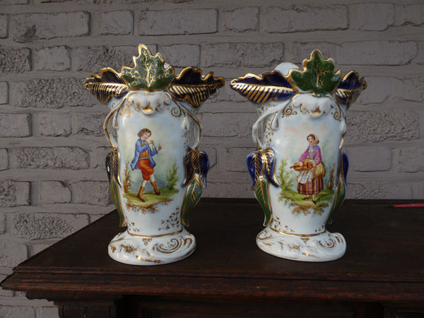 pair antique french vieux paris porcelain vases with potraits 1900s