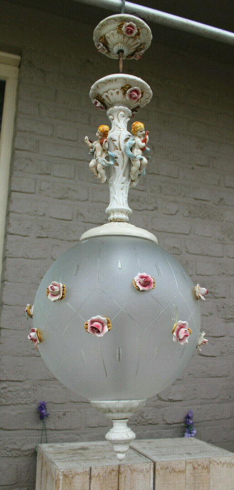 Vintage italian capodimonte faience porcelain putti glass globe roses chandelier