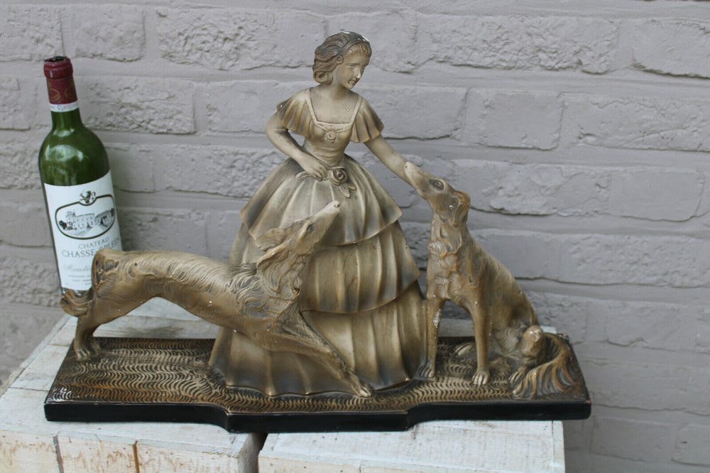 LArge Antique French art deco chalkware lady borzoi dogs statue 1930
