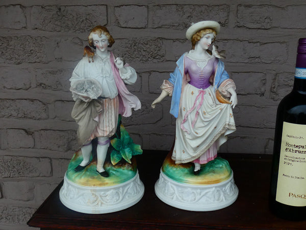 PAIR 19thx Vieux paris porcelain bisque statue figurine squirrel bird rare