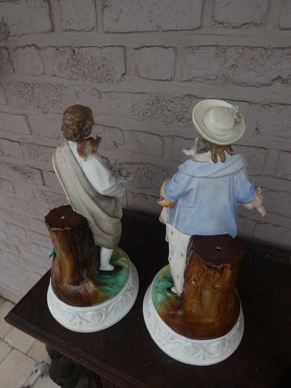 PAIR 19thx Vieux paris porcelain bisque statue figurine squirrel bird rare