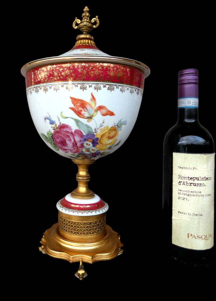 Large vintage french porcelain floral bowl Lidded dolphin brass